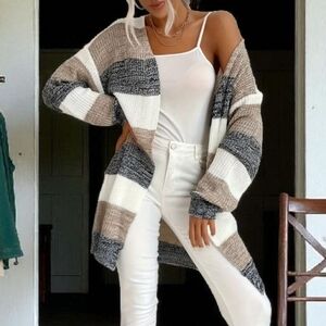 Striped Cardigan in Black, White, and Tan